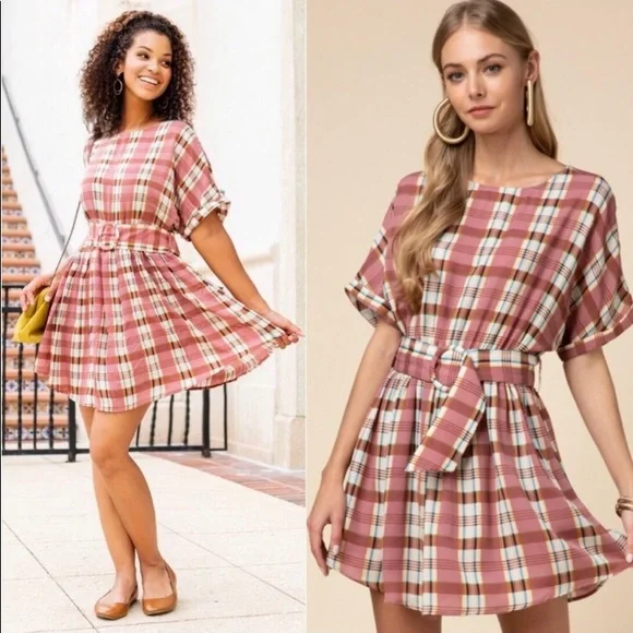 Mauve plaid belted woven lightweight mini dress - Picture 1 of 3